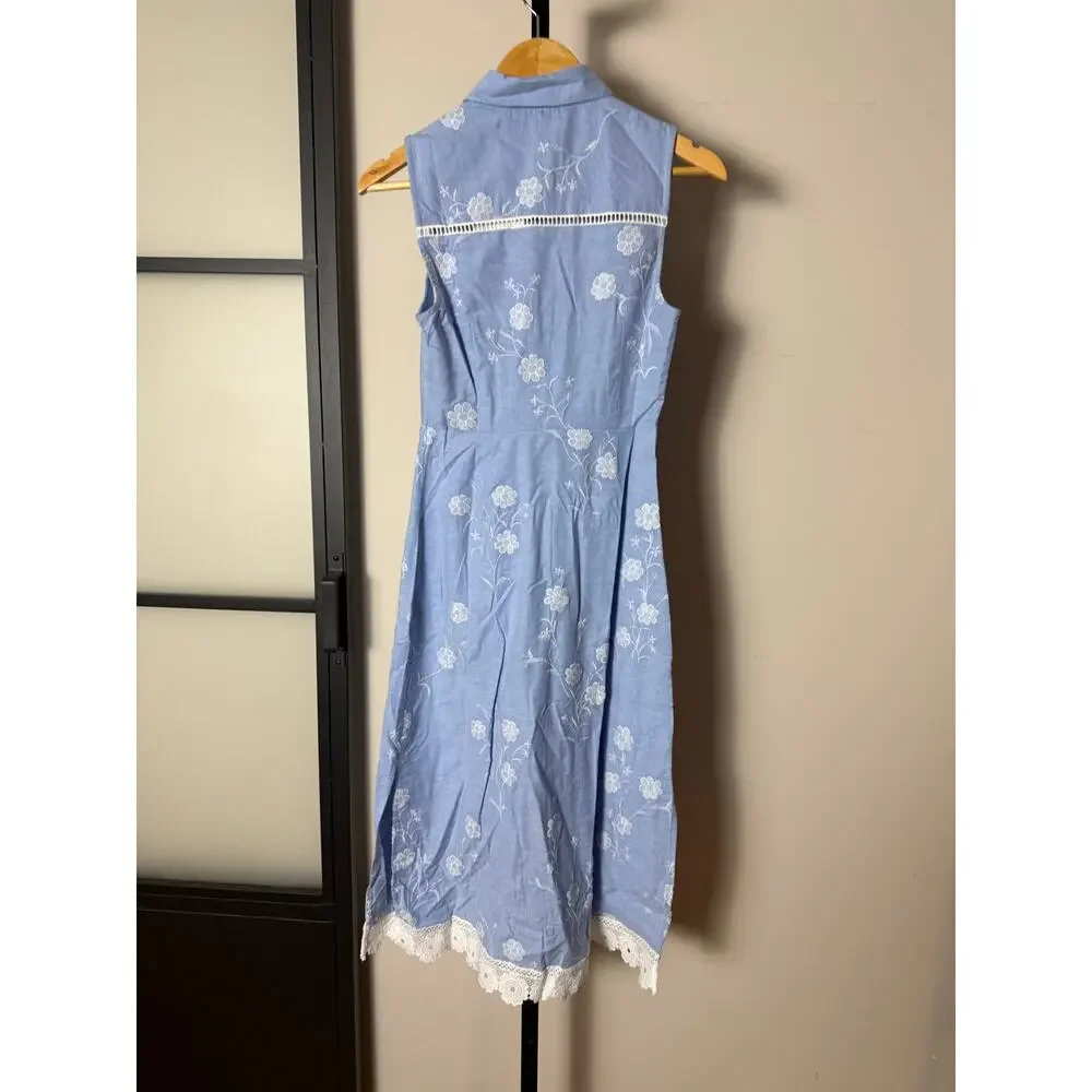 Rachel Parcell Blue Embroidered Sleeveless Midi Dress with White Lace Trim